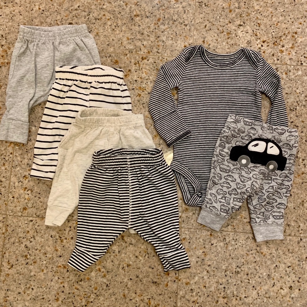 Four pairs of preemie pants and car outfit